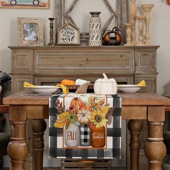 NWT- Fall Thankful Mason Jars- Fall 🍁🌻 Plaid Table Runner 72x13 🍁🍂 - Picture 4 of 5